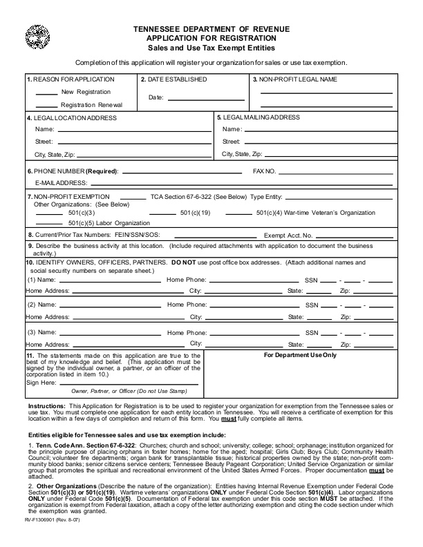 Tennessee Department Of Revenue Application For Registration Sales And Use Tax Exempt Entities